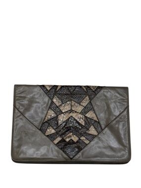 ANDREA PFISTER FOR AMEN WARDY - GREY BROWN TAN SNAKE EMBOSSED LEATHER CLUTCH BAG